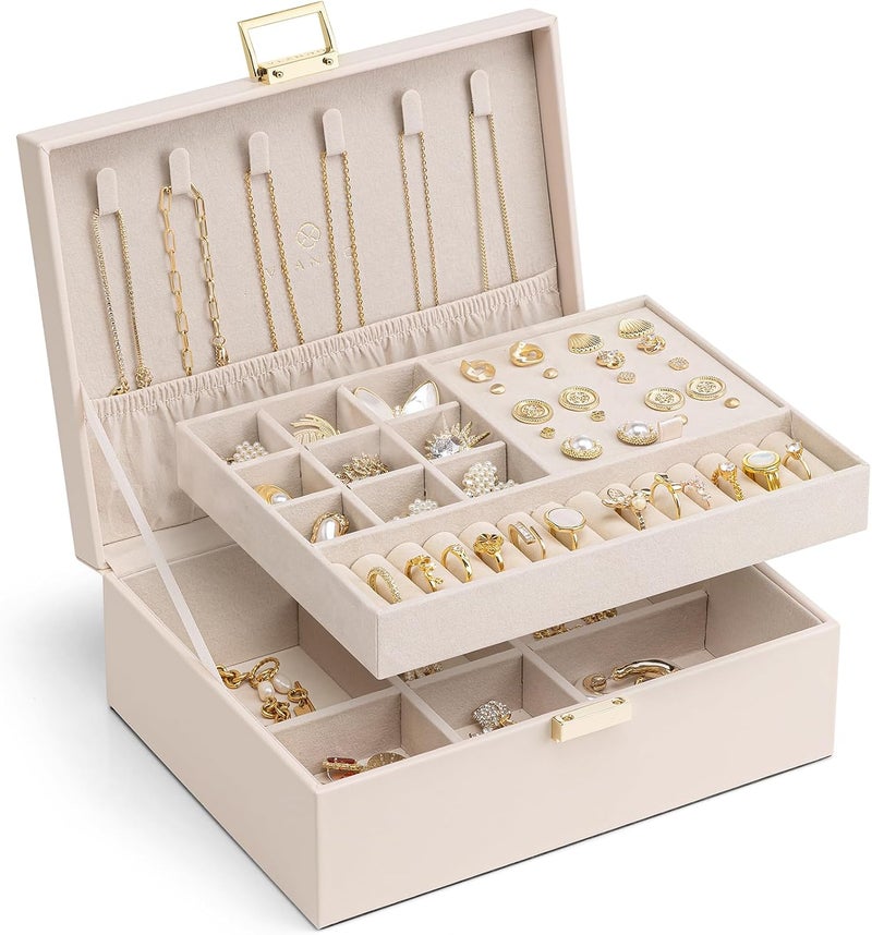 Vlando 2 Layer Jewelry Box Large Jewelry Organizer for Women Removable Jewelery Tray for Necklace Earrings Rings Bracelets Christmas Gifts for Mom Wife (Light Pink) - Image 1